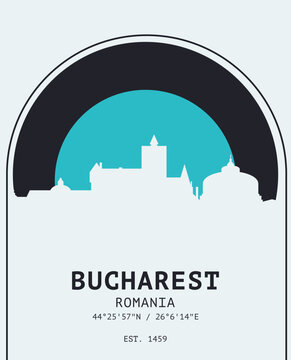 Bucharest skyline retro poster with silhouette, vintage city travel Romania graphics. Minimalist industrial mid-century sunset design layout for vinyl covers, postcards, guide books