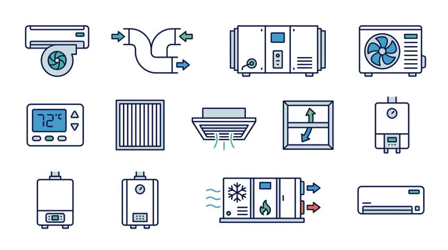 HVAC System Icons: Air Conditioner, Heater, Thermostat, Ventilation, Filter