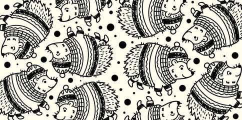 Black and white hedgehogs seamless pattern with dots design © foxndeer