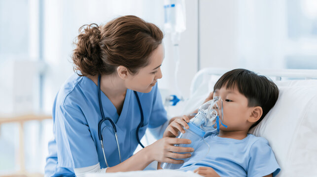 Nurse oxygen mask sick boy hospital care patient medical treatment Asian child recovery bedside emergency oxygen therapy