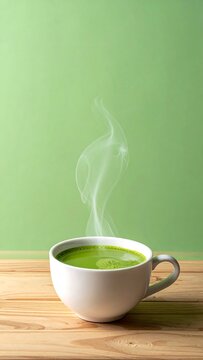 Fresh hot matcha green tea with rich froth in a white ceramic cup