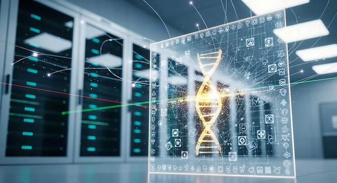 Advanced DNA genetic data analysis using medical technology in a secure server room for HIPAA compliant bioinformatics and biotechnology