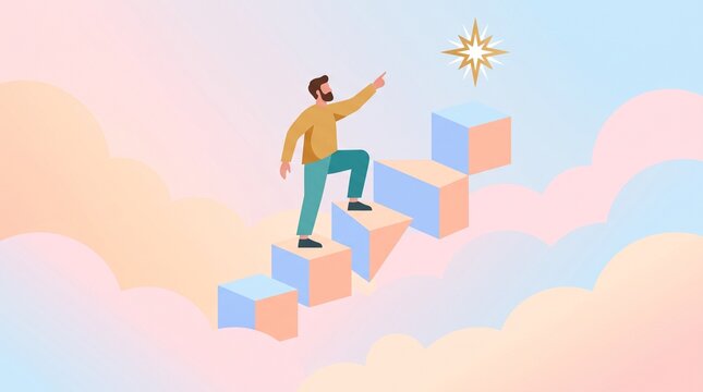 Man climbing abstract stairs towards a glowing star in a dreamy cloud landscape