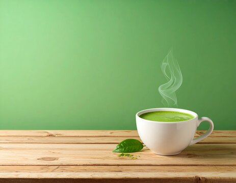 Fresh hot matcha green tea with rich froth in a white ceramic cup