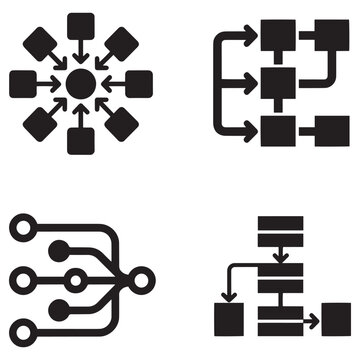 Information architecture and organizational chart icon collection featuring data centralization and branching workflow structures for software development and project management strategies.