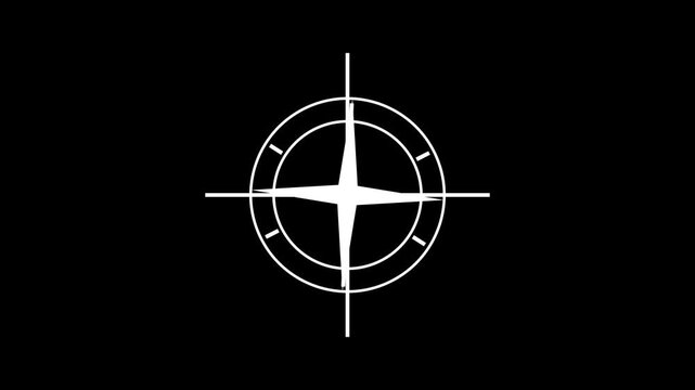 Minimalist compass rose animation, rotating navigation symbol on black background, direction orientation