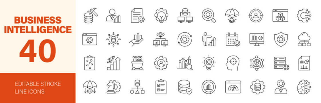 Business Intelligence icon set. Editable line icons. Vector illustration.