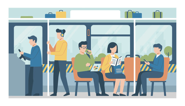 Diverse passengers commuting inside a modern subway train car with a visible driver cab and windows showing city views.