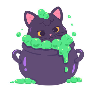 Cute Black Cat in Bubbling Cauldron Illustration