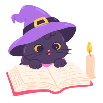 Cute Black Cat Wearing Witch Hat Reading Book Illustration