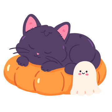 Cute Black Cat Sleeping with Ghost Illustration