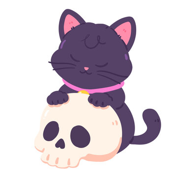 Cute Black Cat with Skull Halloween Illustration