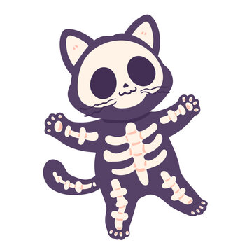 Cute Skeleton Cat Halloween Illustration