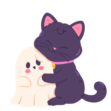 Cute Black Cat Hugging a Ghost Illustration