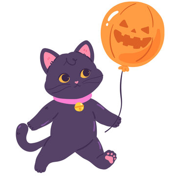 Black Cat Holding Halloween Balloon Illustration
