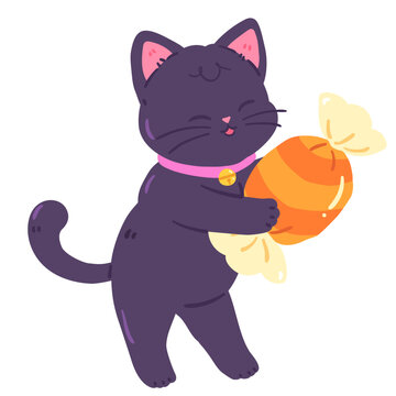 Cute Black Cat with Halloween Candy Illustration