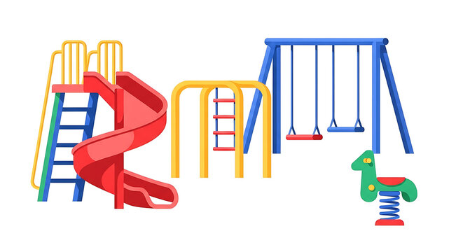 Colorful outdoor playground set featuring a red spiral slide and blue swing equipment isolated as vibrant clipart for childrens recreation