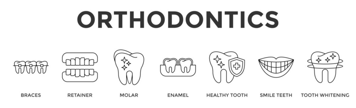 Orthodontics  Banner Web  Icon Set Collection Pack Vector Illustration Concept Containing Braces, Retainer, Molar, Enamel, Healthy Tooth, Smile Teeth, Tooth Whitening