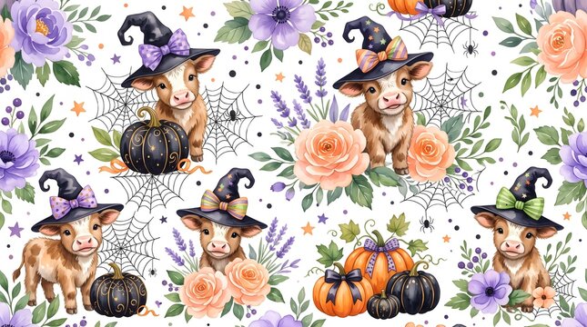 Seamless pattern with cute cows wearing witch hats, pumpkins, and flowers on a white background for halloween textiles.