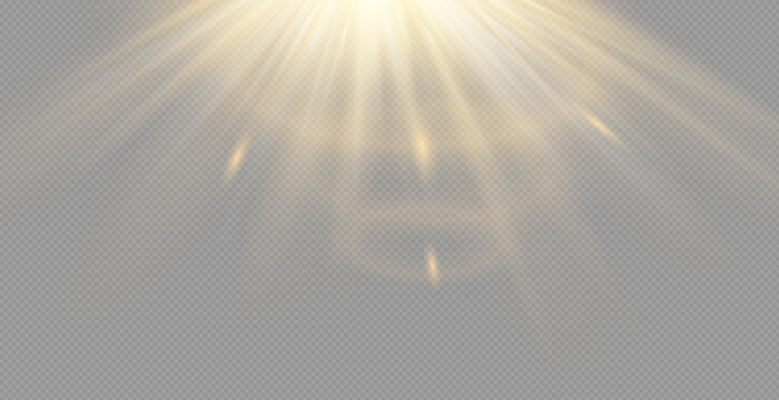 Sun flare yellow and transparent lens beam with spark burst and vector glow light design.
