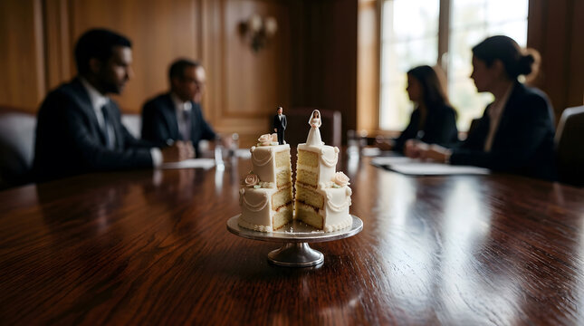 Conceptual image of divorce settlement with split wedding cake