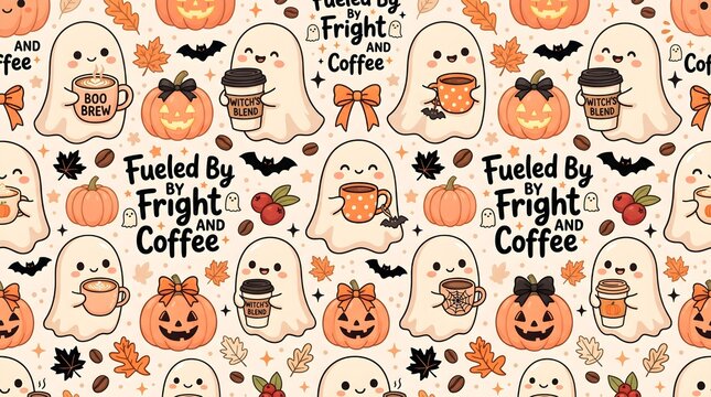 Cute seamless pattern with adorable ghosts holding coffee cups and pumpkins on a light beige background for autumn