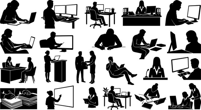 Business people silhouette icon set featuring office workers corporate management professional desk activities and computer workstation symbols