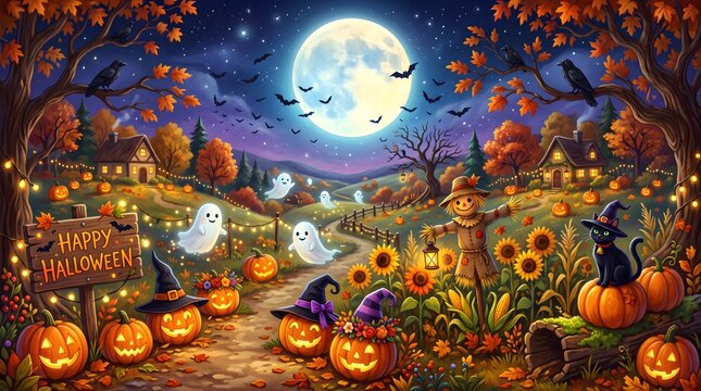 Whimsical halloween landscape with a scarecrow, pumpkins, sunflowers, and ghosts under a large full moon at night