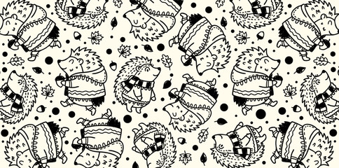Monochrome doodle art repeating pattern of happy hedgehogs © foxndeer