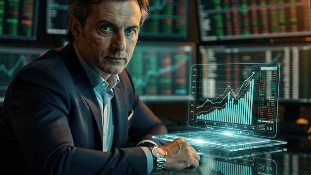 Serious businessman looking at holographic stock market data with rising graph, perfect for financial analysis, trading platforms and corporate presentations