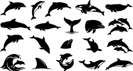 Dolphin and whale silhouette icon set featuring marine mammal symbols, ocean waves, and shark fin elements isolated on white background © fulbabu
