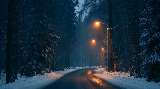 A winter road winds through a dark snow-covered forest lit by glowing street lamps at twilight. Atmospheric landscape.