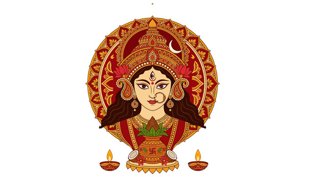 Goddess Durga Face with Sacred Kalash, Diyas and Ornamental Mandala for Navratri Festival Isolated on White Background