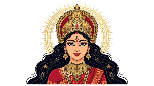 Goddess Durga Face with Sacred Kalash, Diyas and Ornamental Mandala for Navratri Festival Isolated on White Background