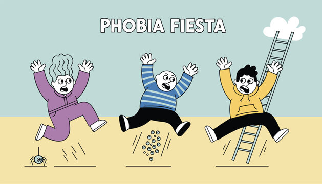 Diverse cartoon characters expressing extreme fear and panic from different common phobias like spiders, heights, and textures.