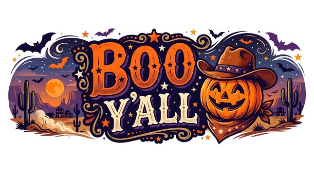 Boo y'all western halloween typography with a pumpkin in a cowboy hat and bandana in a desert landscape at sunset