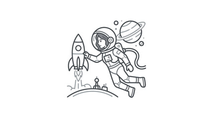 Modern Black and White Line Drawing Astronaut Launching Mini Rocket with Planets in with high quality professional line art symbols for modern creative design and digital branding projects © lindah