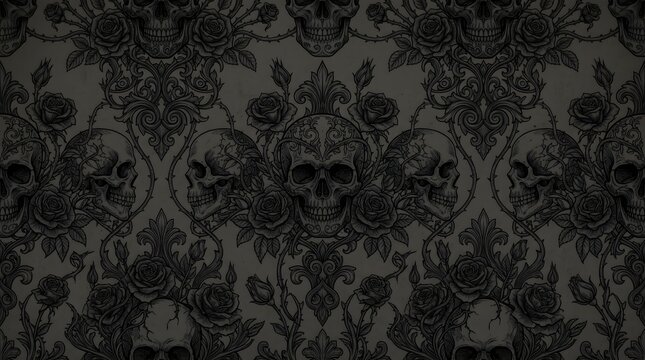 Dark, intricate pattern featuring skulls and roses, evoking a gothic or macabre aesthetic.