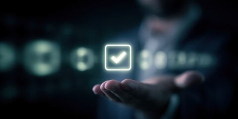 Fototapeta premium An open source creative interface displaying a virtual supply chain to arrange an organizational standard confirmed by an optimization prediction checkmark.