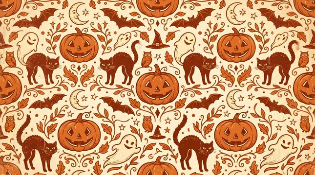 Retro Halloween pattern featuring pumpkins, black cats, bats, ghosts, and owls on a vintage beige background, evoking a nostalgic feel.
