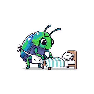 Cute cartoon beetle making a small bed with striped sheets, adorable insect preparing for sleep