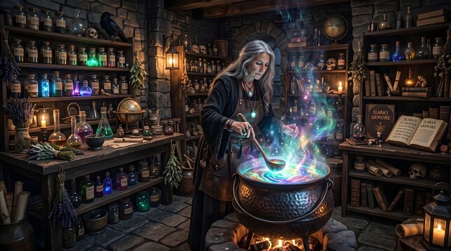 Witch brewing a colorful potion in a cauldron in a dimly lit stone room filled with shelves of potions, books, and arcane objects.