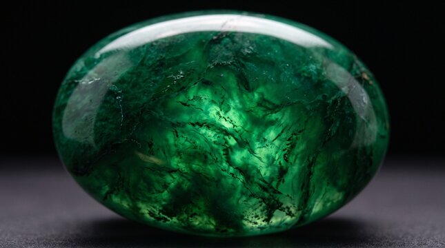 Indonesian Bacan green gemstone macro close-up, deep forest green chrysocolla with natural veining and inner glow, premium Halmahera gemstone on dark background Indonesia