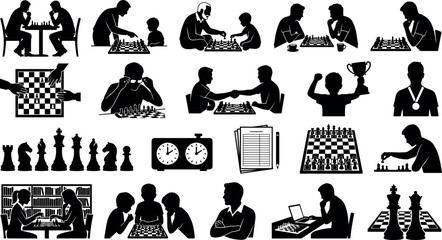 Set of chess icons, silhouettes of people playing chess, chess pieces, board, clock, and tournament elements © ISMOTARA