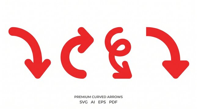 A premium collection of bold curved downward arrow icons in a modern flat vector style, displayed in a horizontal row on a clean white background. The set features four variations of thick red curved 