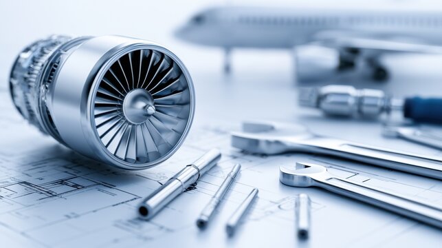 A jet engine turbine and various tools are laid out on blueprints with an airplane in the background, suggesting aviation engineering and maintenance