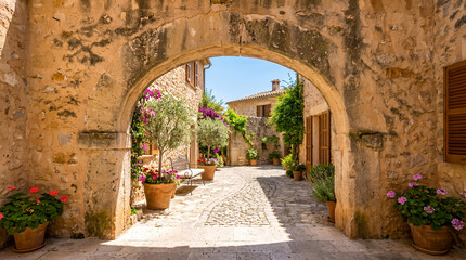 Obraz premium Stone archway in Mediterranean village courtyard with flowers