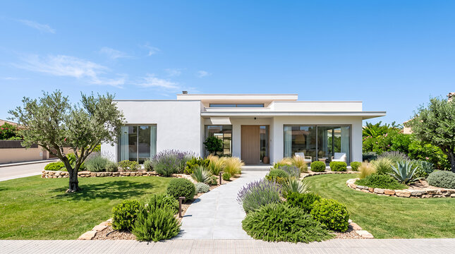 White Mediterranean Villa with Flat Roof and Olive Trees