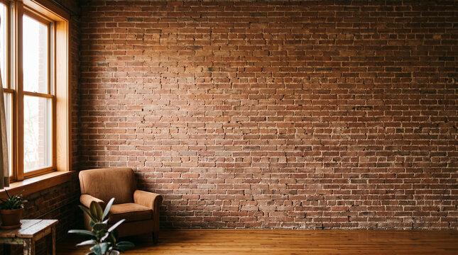 Exposed red brick wall interior with armchair and window
