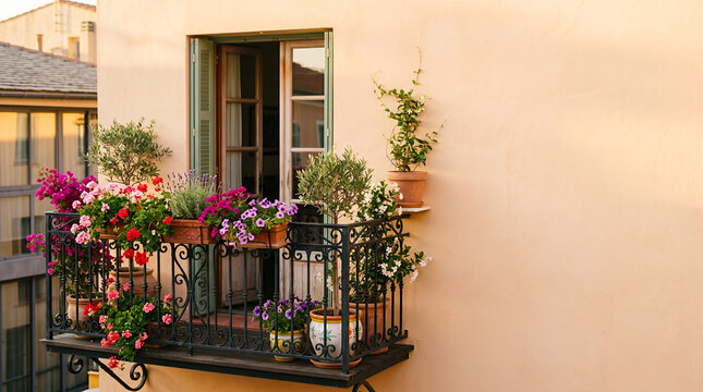 Mediterranean balcony with flowers at golden hour